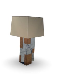 Vintage 1970s Paul Evans Large Cityscape Lamp in Chrome and Burl Wood w/ Shade