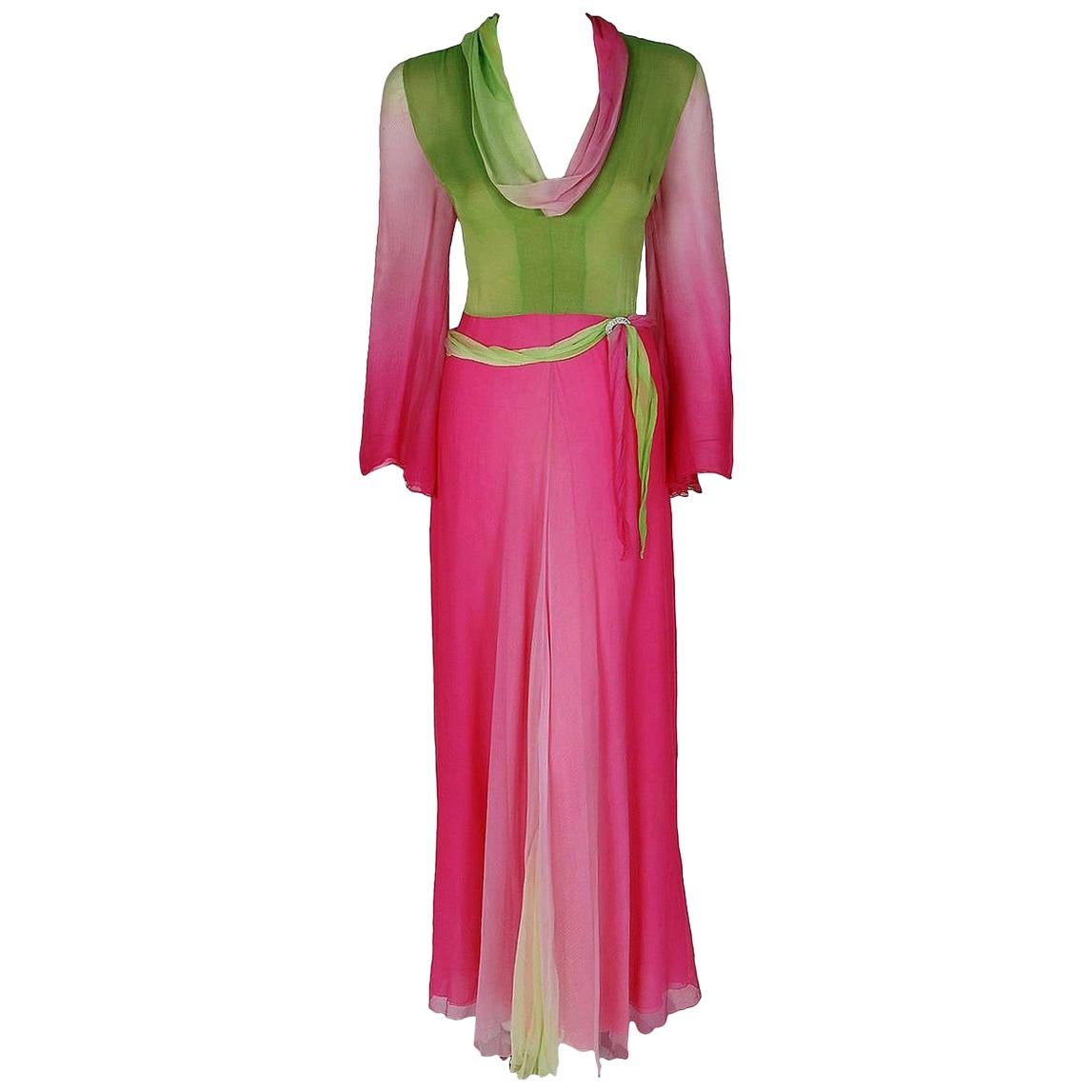 Vintage 1970's Pauline Trigere Pink & Green Ombre Silk Chiffon Bell-Sleeve Gown