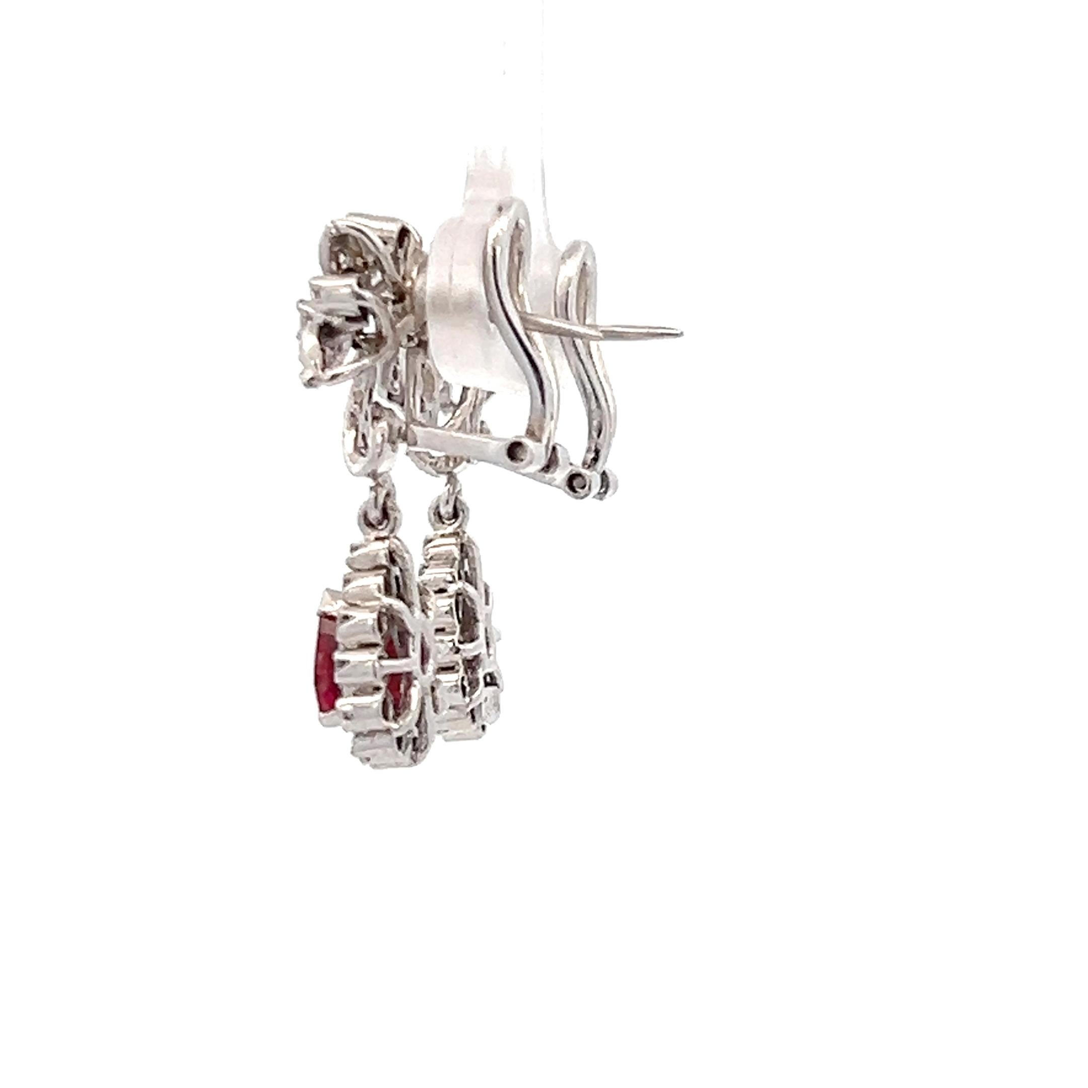 Vintage 1970s Pear Ruby and Diamond White Gold Dangle Omega Back Earrings In Good Condition For Sale In Towson, MD