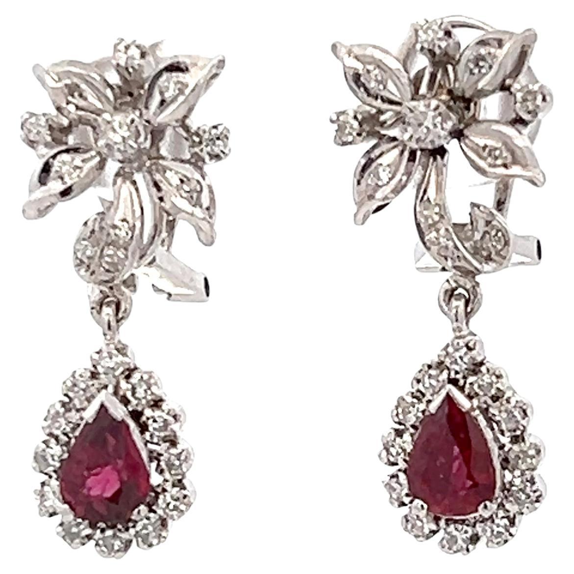 Vintage 1970s Pear Ruby and Diamond White Gold Dangle Omega Back Earrings