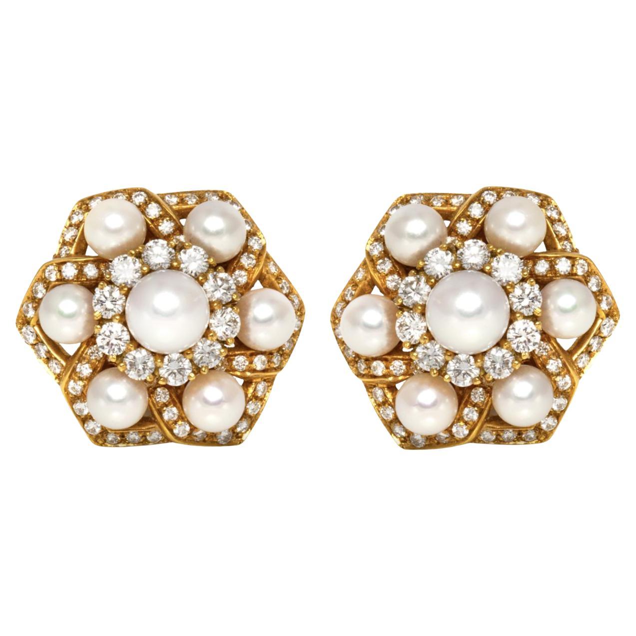 Vintage 1970s Pearl and 5.00 Carat Diamond Earrings