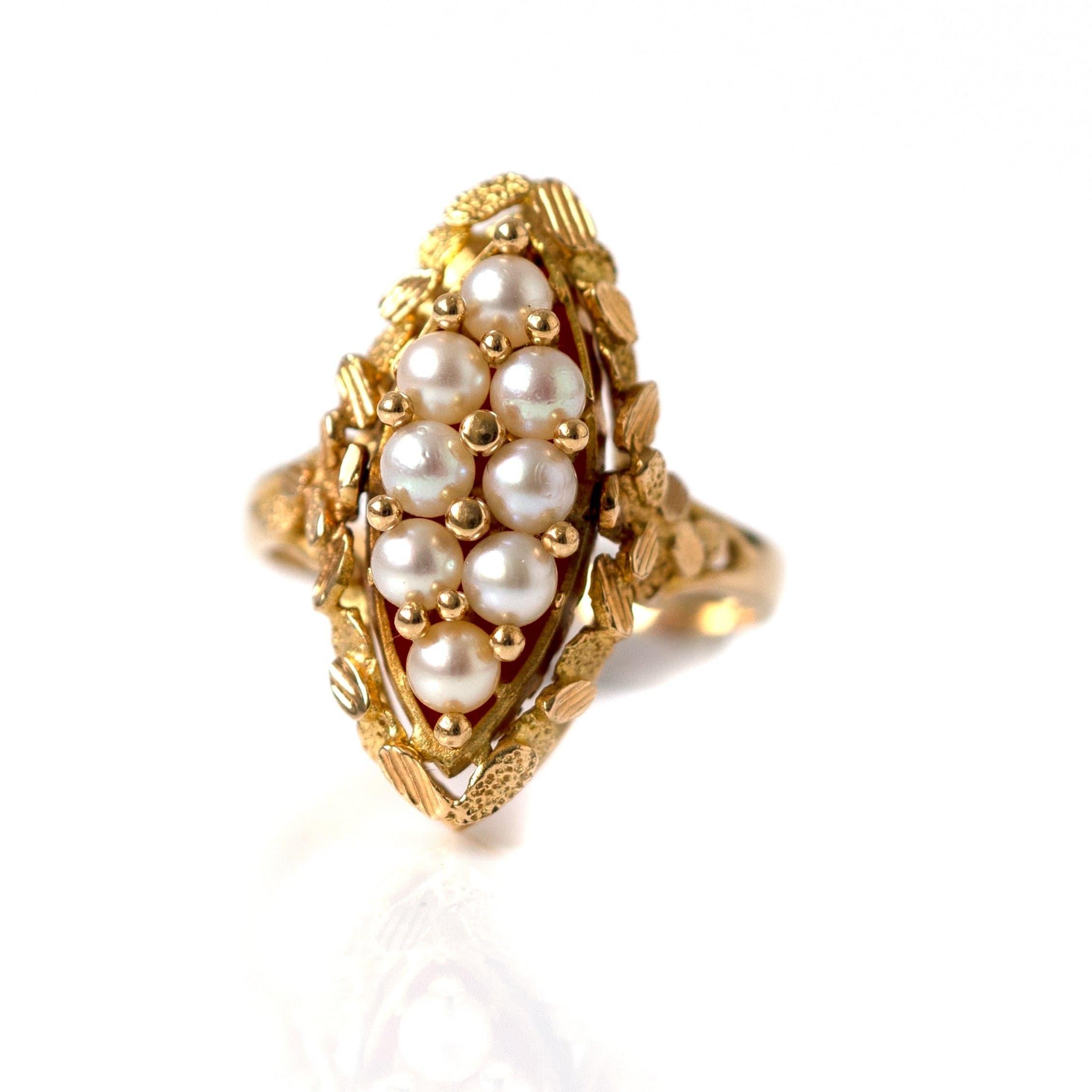 Retro Vintage 1970s Pearl Coral Swivel 18ct Gold Ring