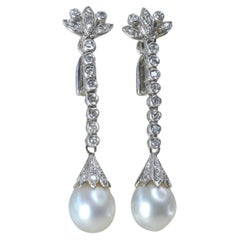 Vintage 1970s, Pearl, Diamond & 9 Karat White Gold Dangle Earrings