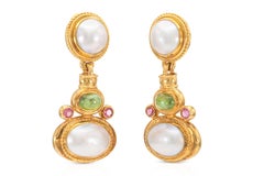 Vintage 1970s Pearl, Peridot, & Tourmaline Dangle Earrings