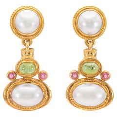 Vintage 1970s Pearl, Peridot, & Tourmaline Dangle Earrings