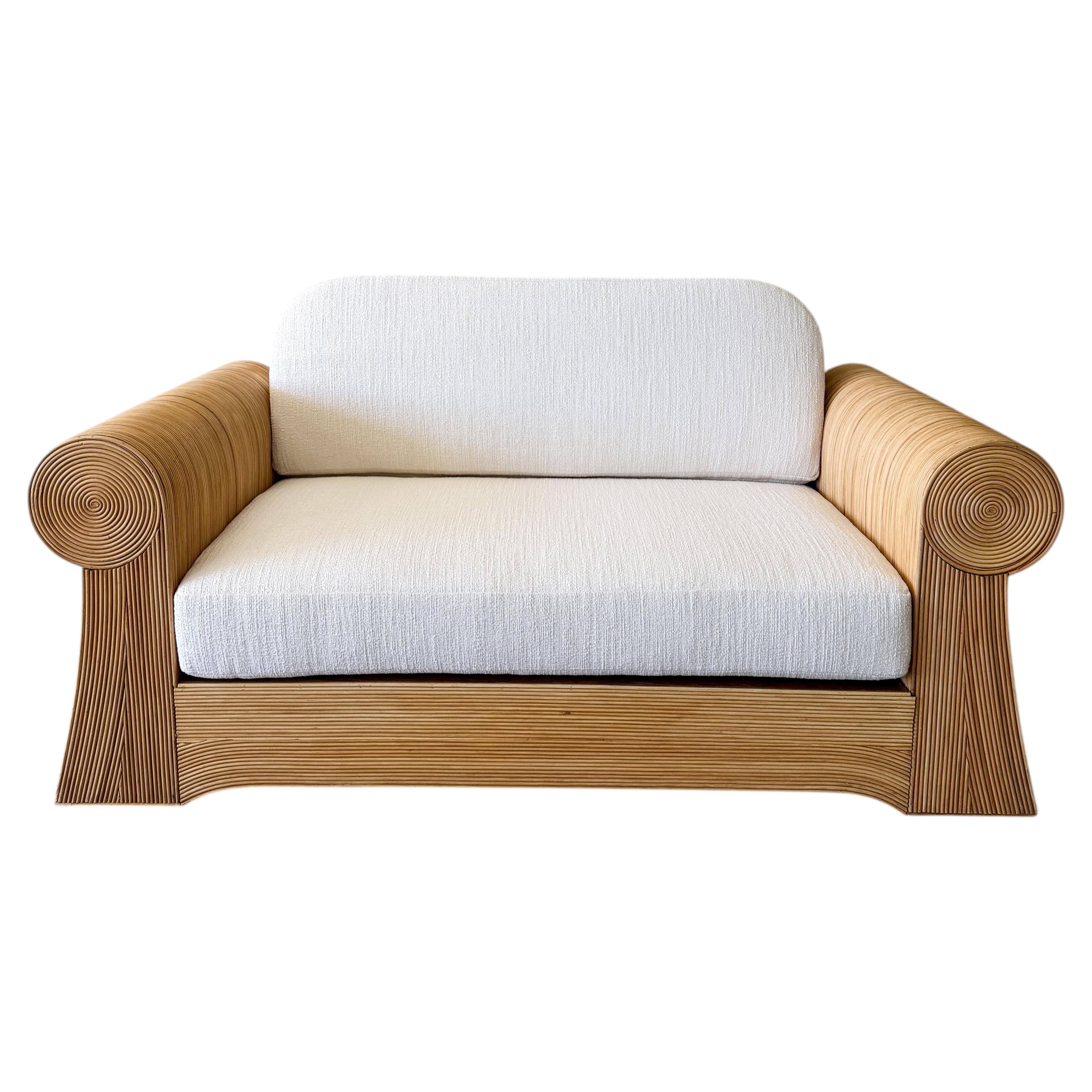 Vintage 1970s Pencil Reed Loveseat in Off-White Bouclé Settee