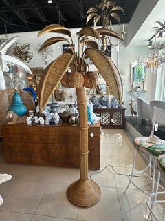 Vintage 1970s Pencil Reed Rattan Wicker Bamboo Palm Tree Floor Lamp Coconuts