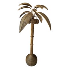 Vintage 1970s Pencil Reed Rattan Wicker Bamboo Palm Tree Floor Lamp Coconuts