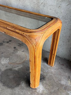 Vintage 1970s Pencil Reed Waterfall Console Table with Glass Top
