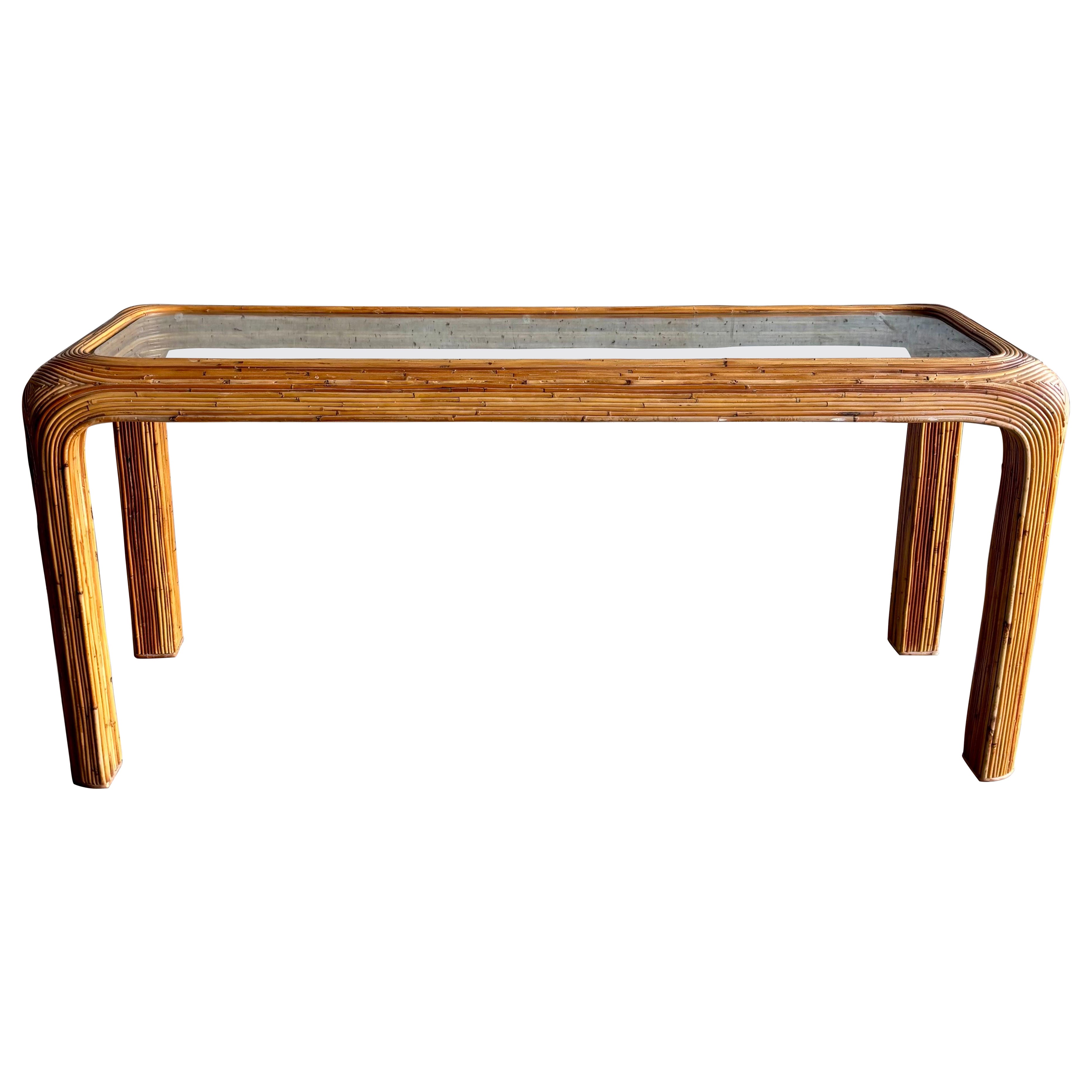 Vintage 1970s Pencil Reed Waterfall Console Table with Glass Top im Angebot