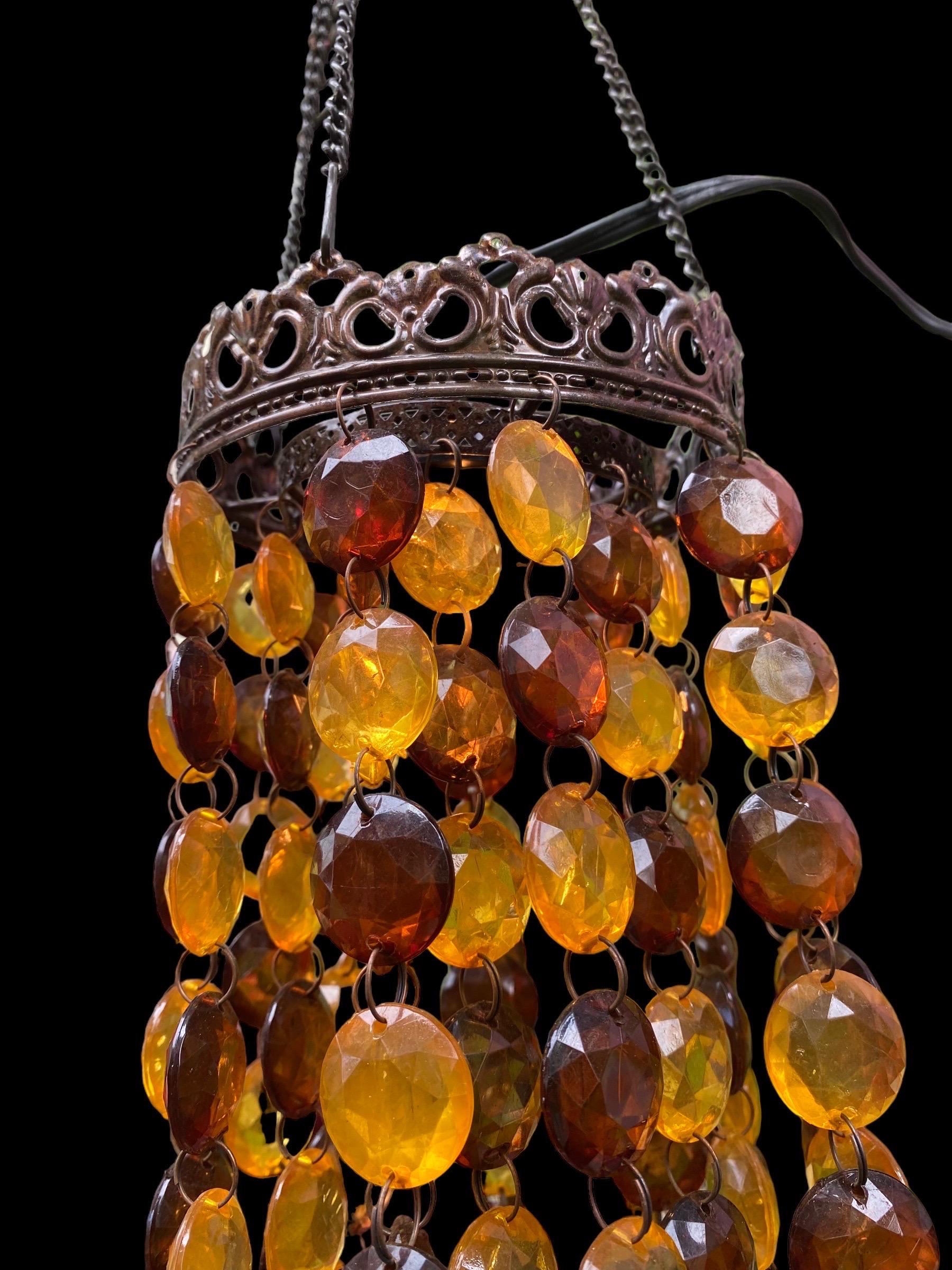 Patinated Vintage 1970s Pendant Chandelier Gold and Amber