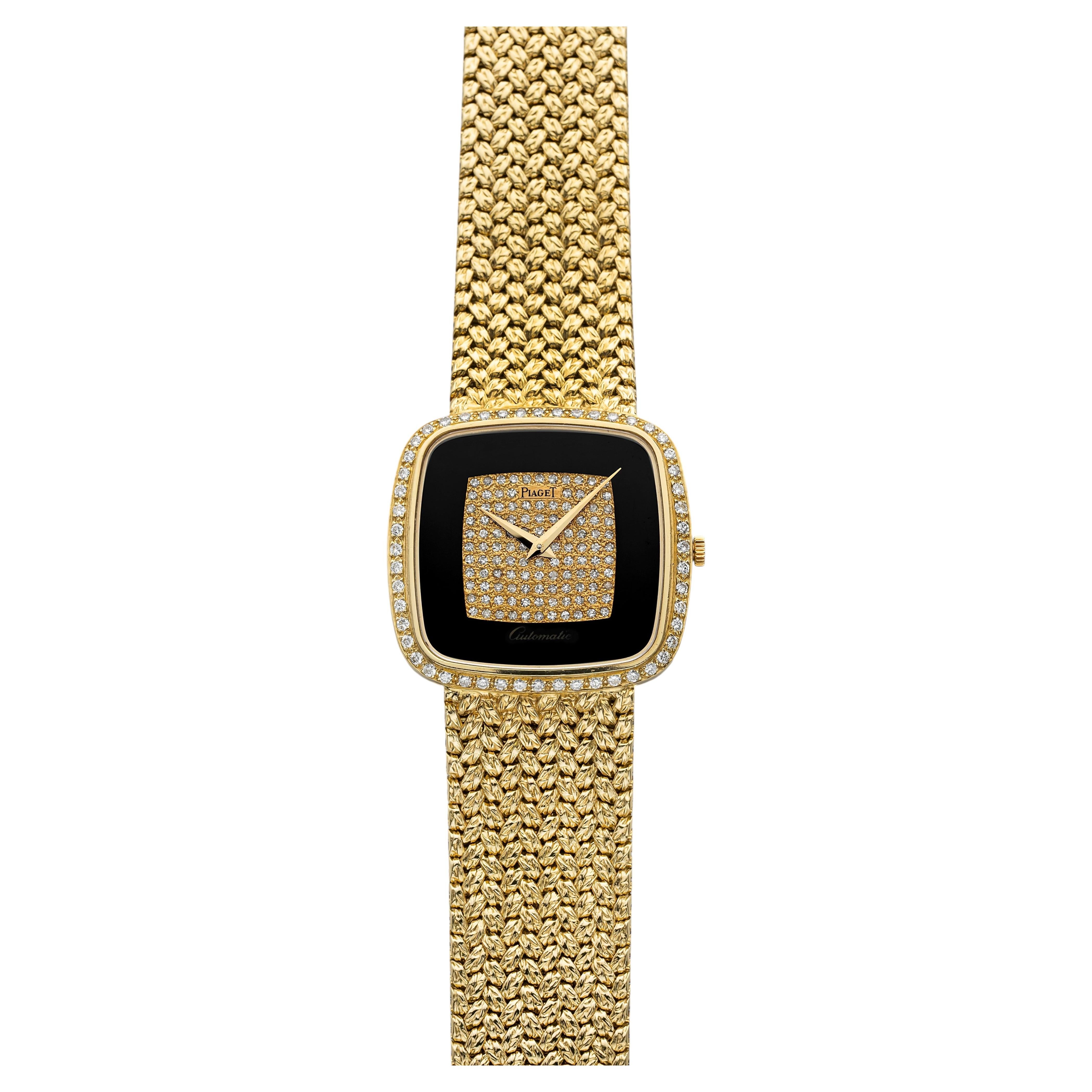 Vintage 1970s Piaget 12775D2 18K YG Onyx Pave Diamond Dial Automatic 31 mm en venta