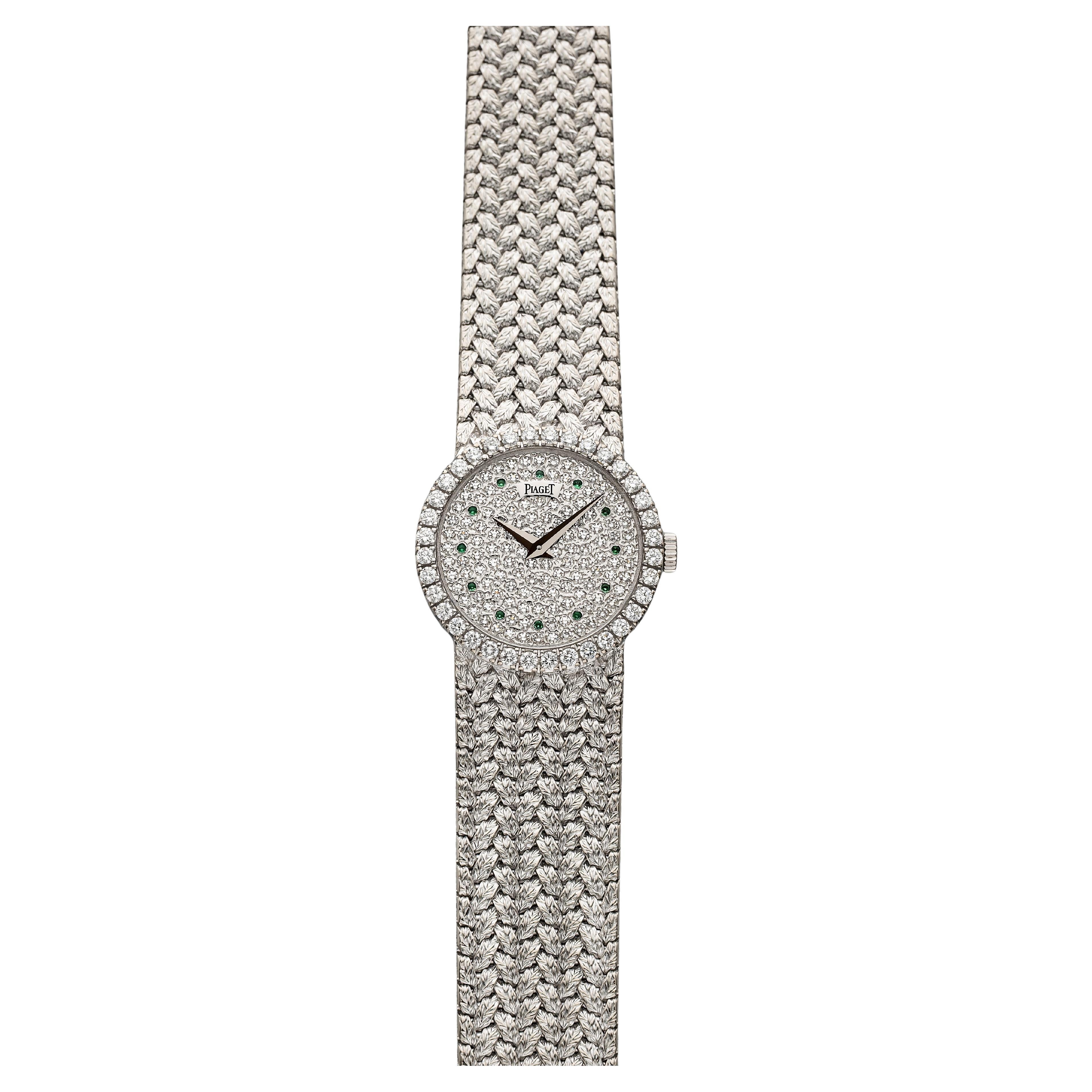Vintage 1970s Piaget 18K WG 9706 D2 Manual Pavé Diamond & Emerald 24mm