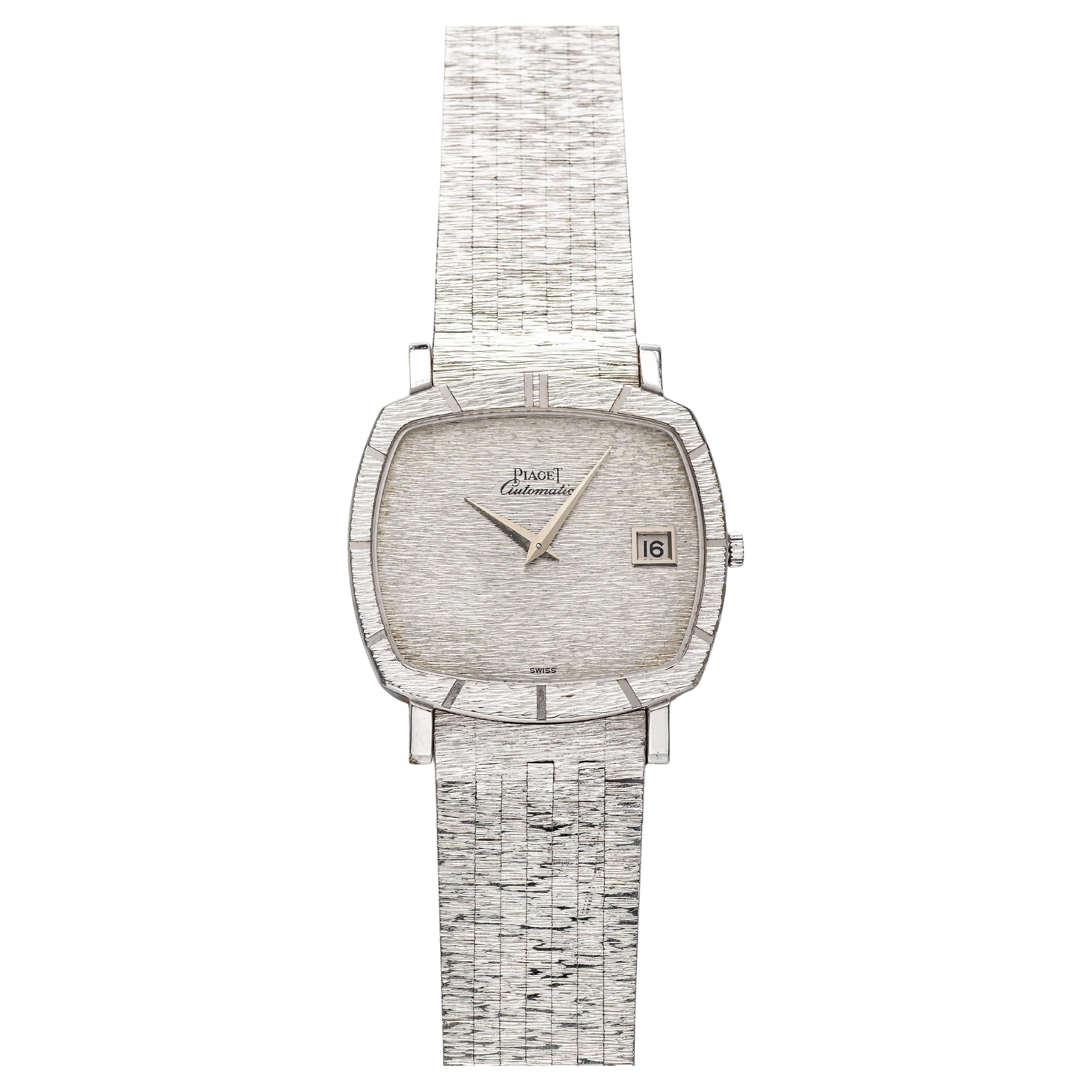 Vintage años 70 Piaget 13721 18K WG Auto Esfera de plata cepillada 32 mm