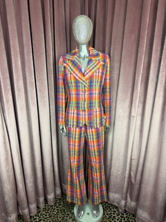 Vintage 1970s Pink Purple Green Plaid Pant Suit