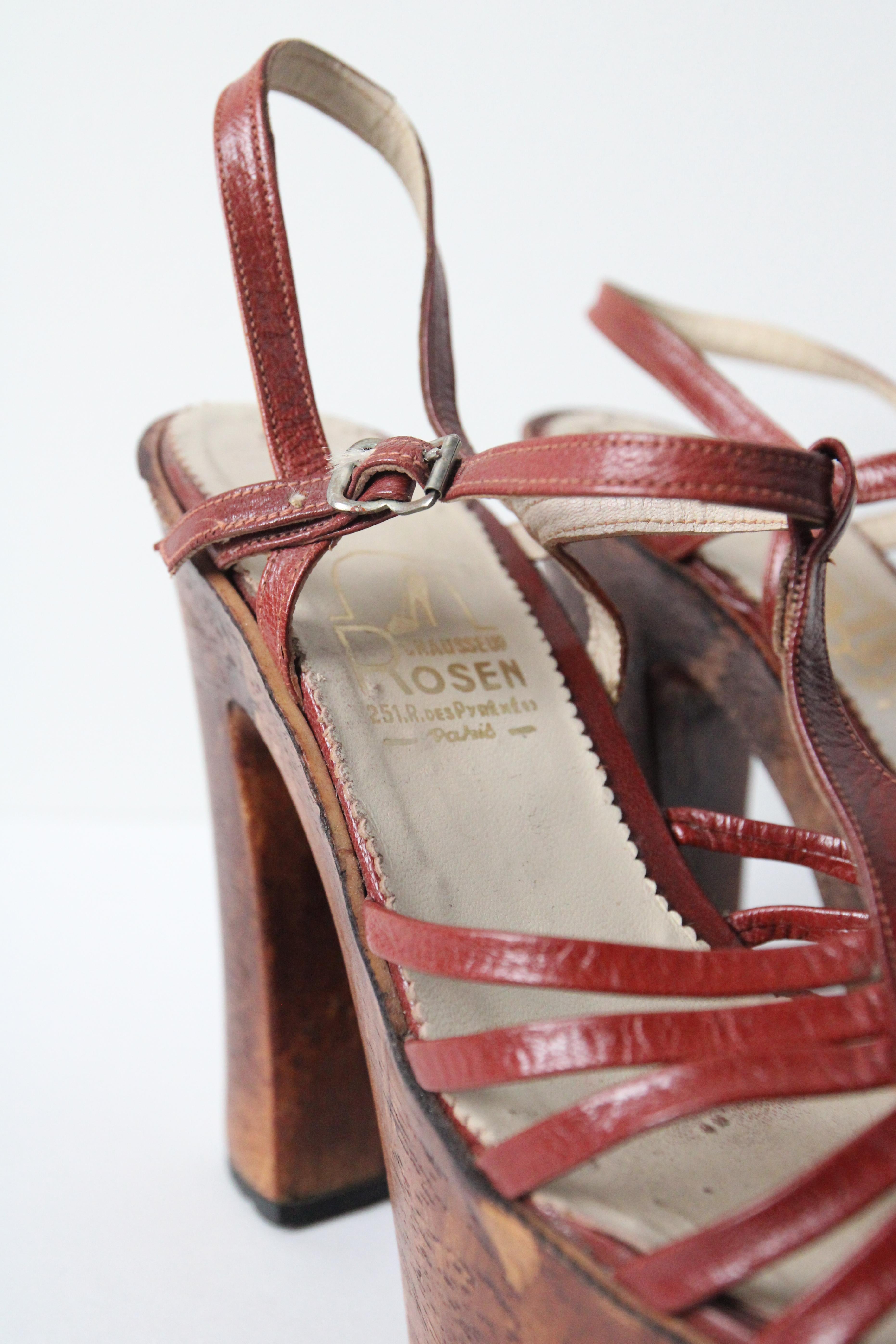 Vintage 1970's Platforms wooden leather T bar scrappy platform heels UK 5.5 US 7 For Sale 5