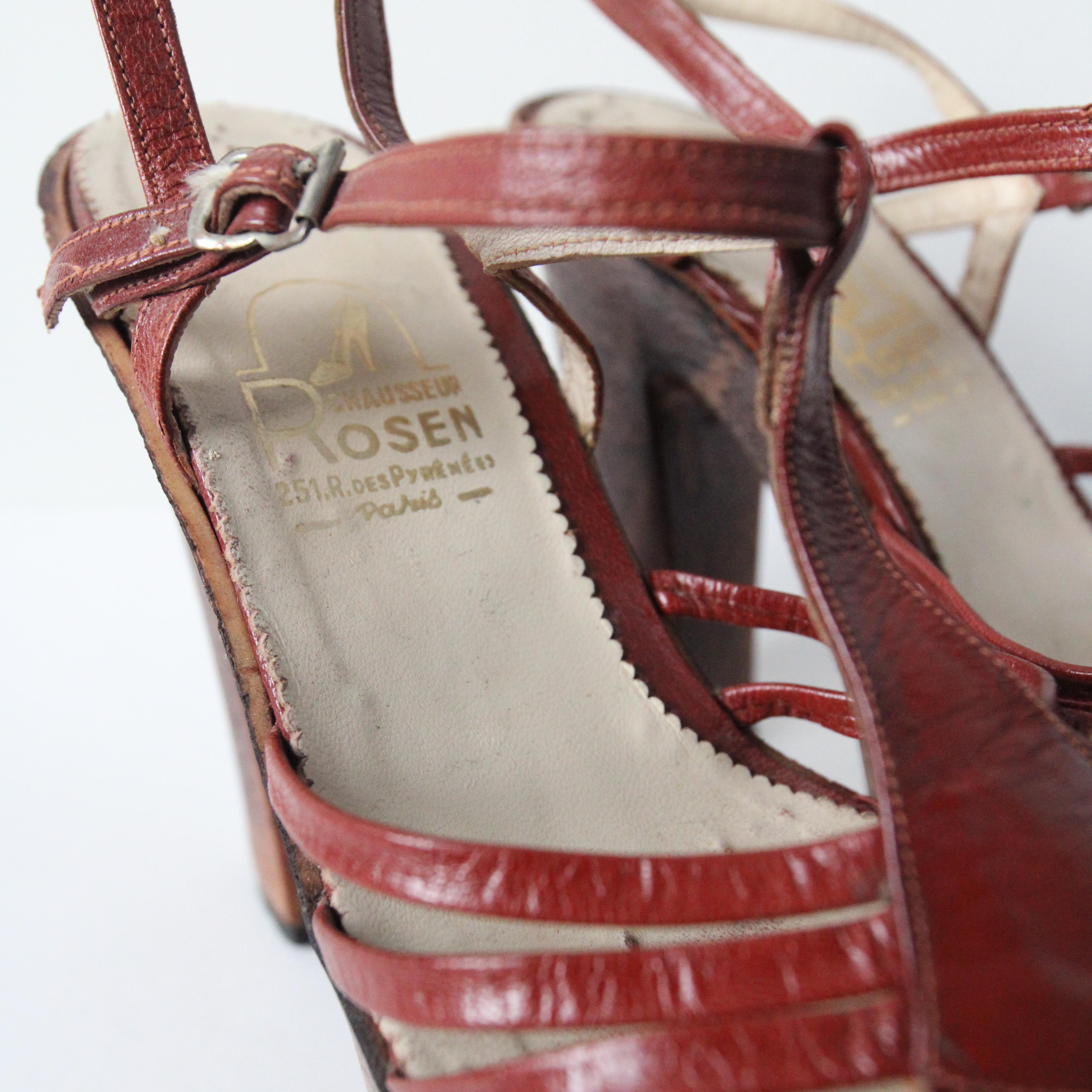 Vintage 1970's Platforms wooden leather T bar scrappy platform heels UK 5.5 US 7 For Sale 4