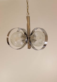 Vintage 1970's Polished Chrome 4 Light Crackle Glass Chandelier Ceiling Fixture