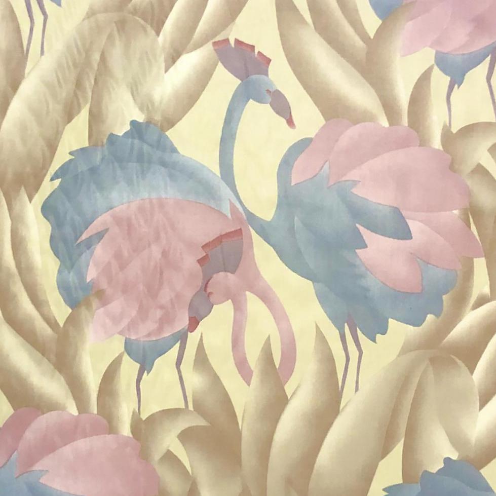 This beautiful silky polished cotton fabric is made by Argentea from the design studios of David and Dash Inc. by Amin Khalaf and treated with Scotchgard fabric protector. It features a 70's tropical flamingo design with yellow and beige