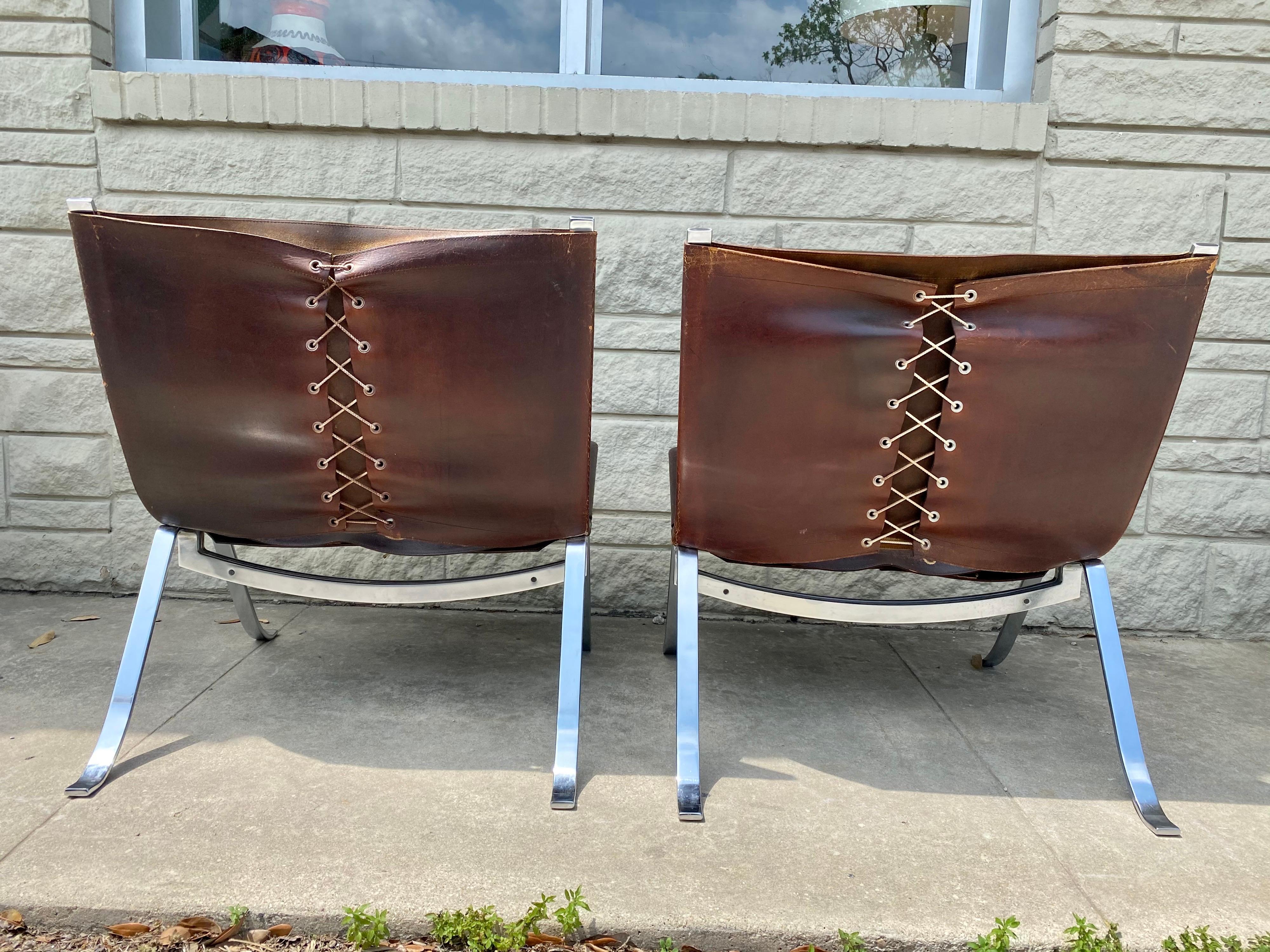 Vintage 1970s Preben Fabricius Pair Leather and Stainless Steel Lounge Chairs 4