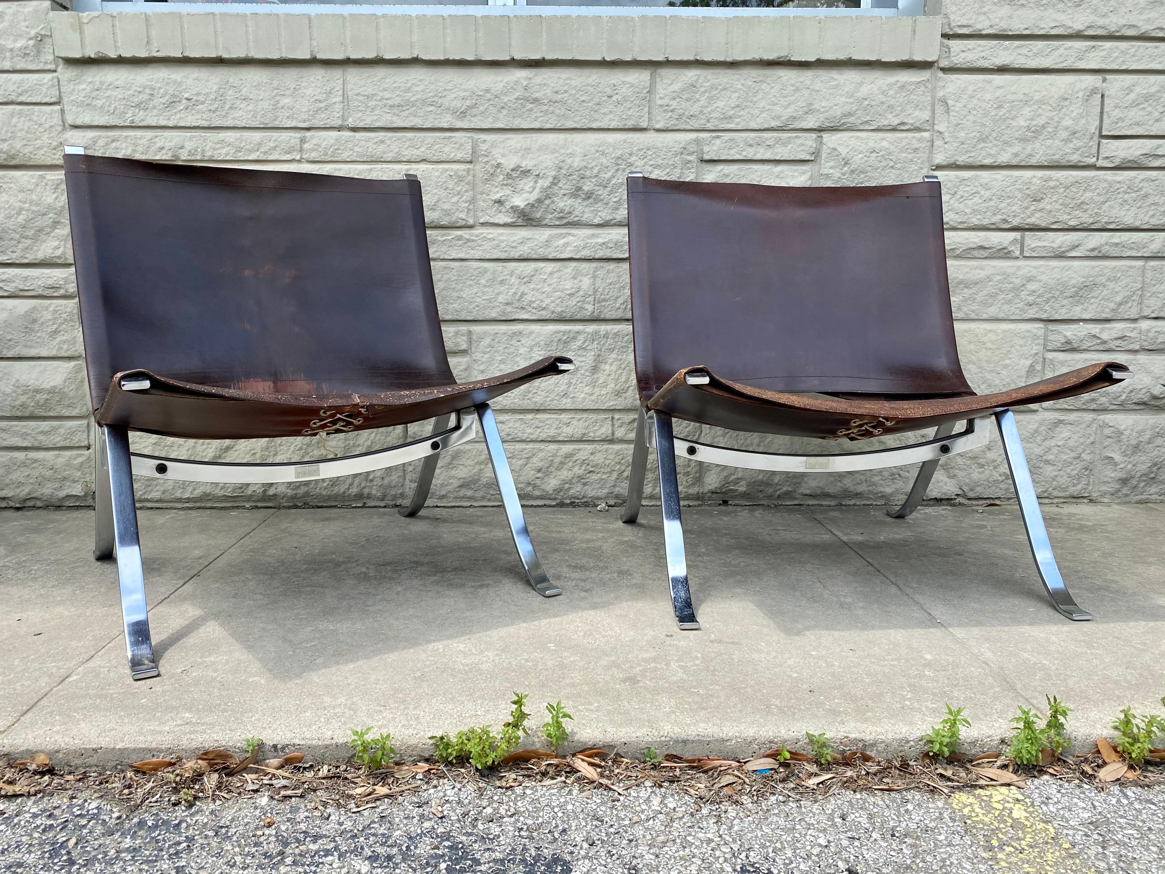 Mid-Century Modern Vintage 1970s Preben Fabricius Pair Leather and Stainless Steel Lounge Chairs