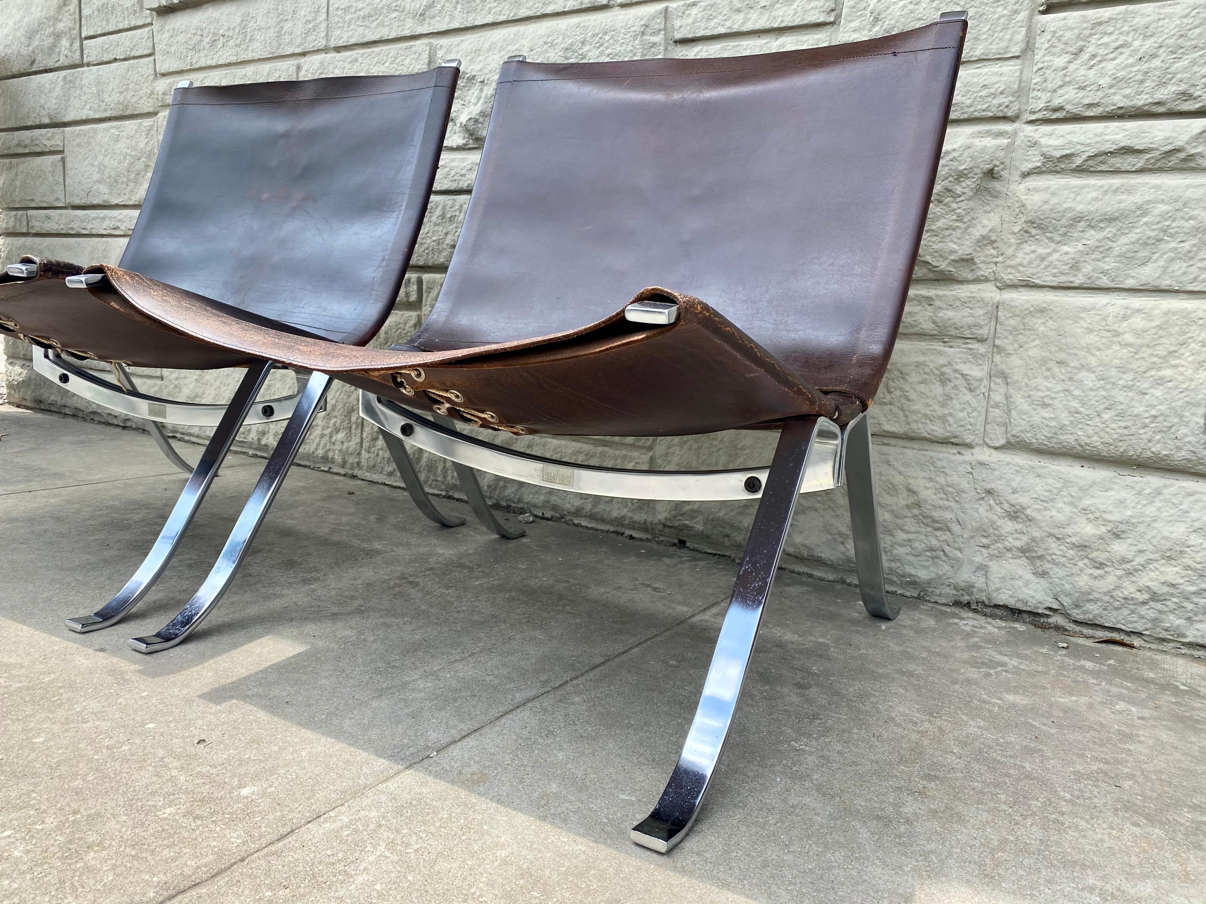 Danish Vintage 1970s Preben Fabricius Pair Leather and Stainless Steel Lounge Chairs