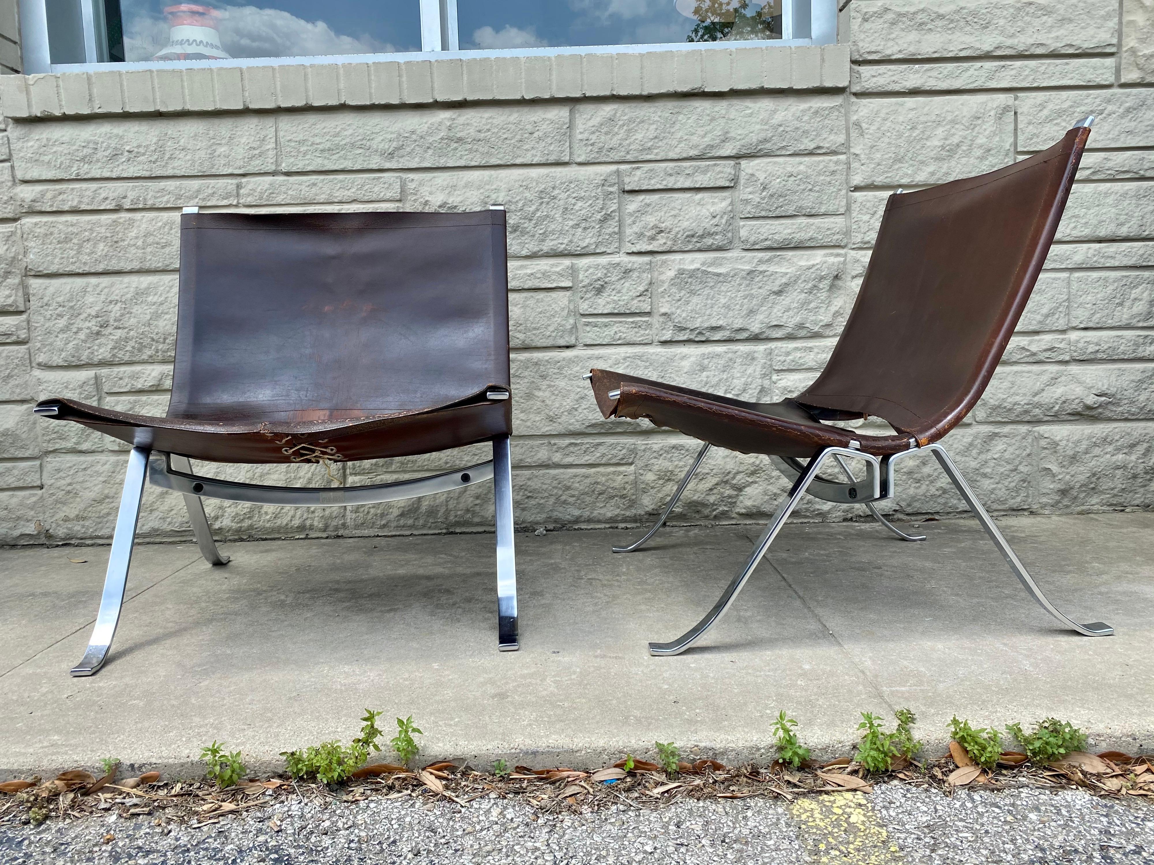 Vintage 1970s Preben Fabricius Pair Leather and Stainless Steel Lounge Chairs 1