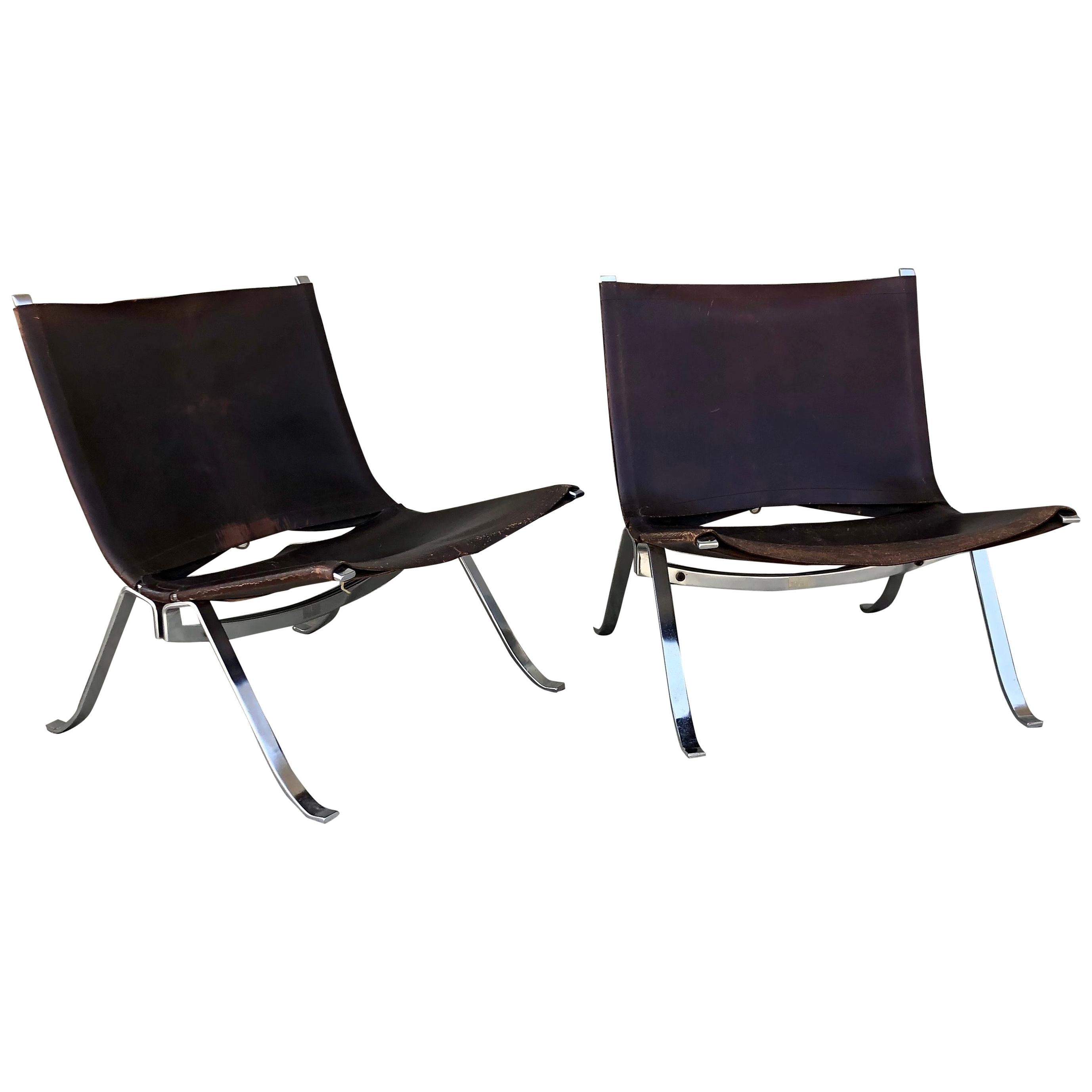 Vintage 1970s Preben Fabricius Pair Leather and Stainless Steel Lounge Chairs