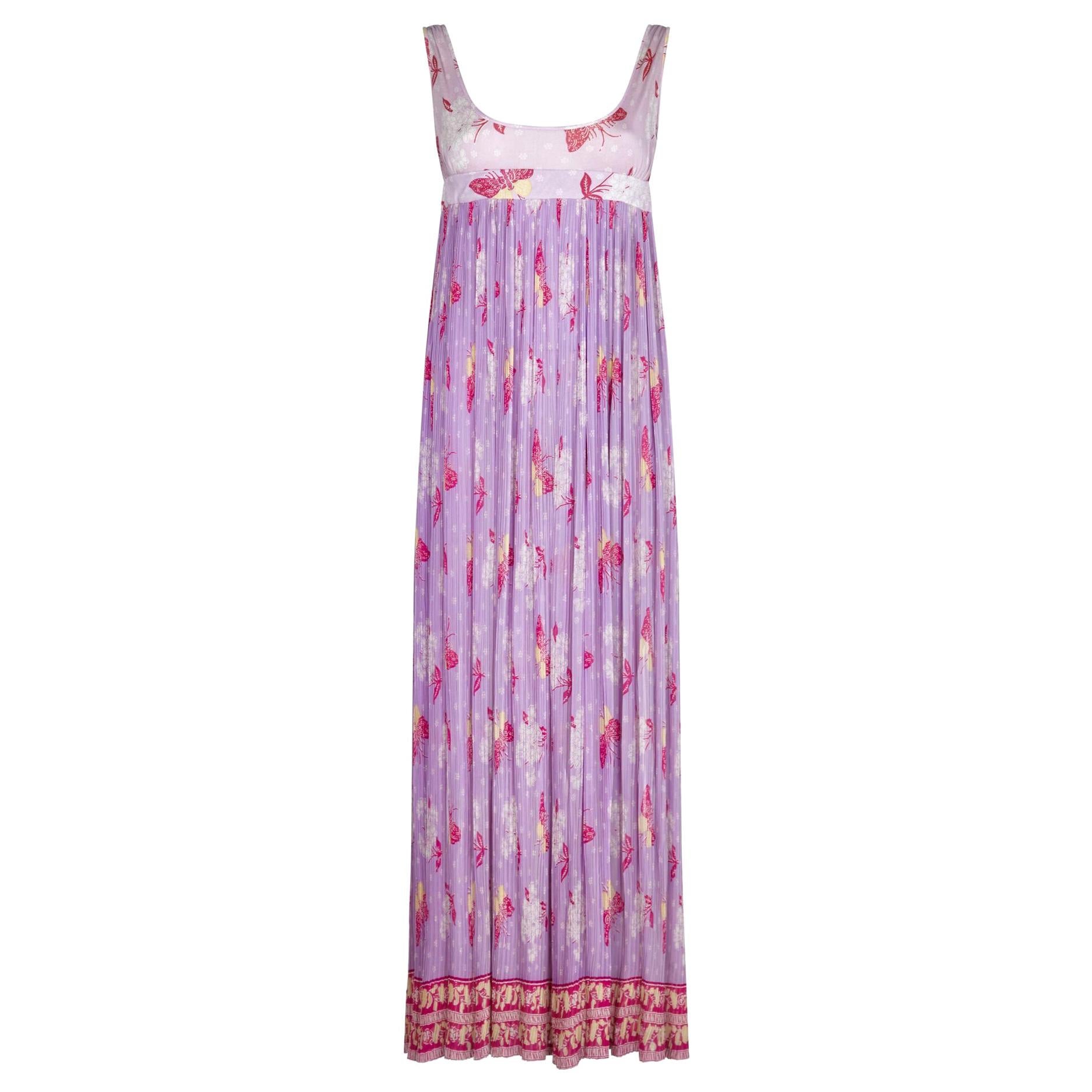 Vintage 1970er Jahre lila Schmetterling Fortuny Stil Empire Line Kleid  im Angebot