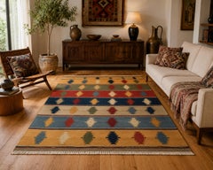 Vintage 1970s Qashqai Wool Kilim Rug, Large Multicolour Striped Flatweave