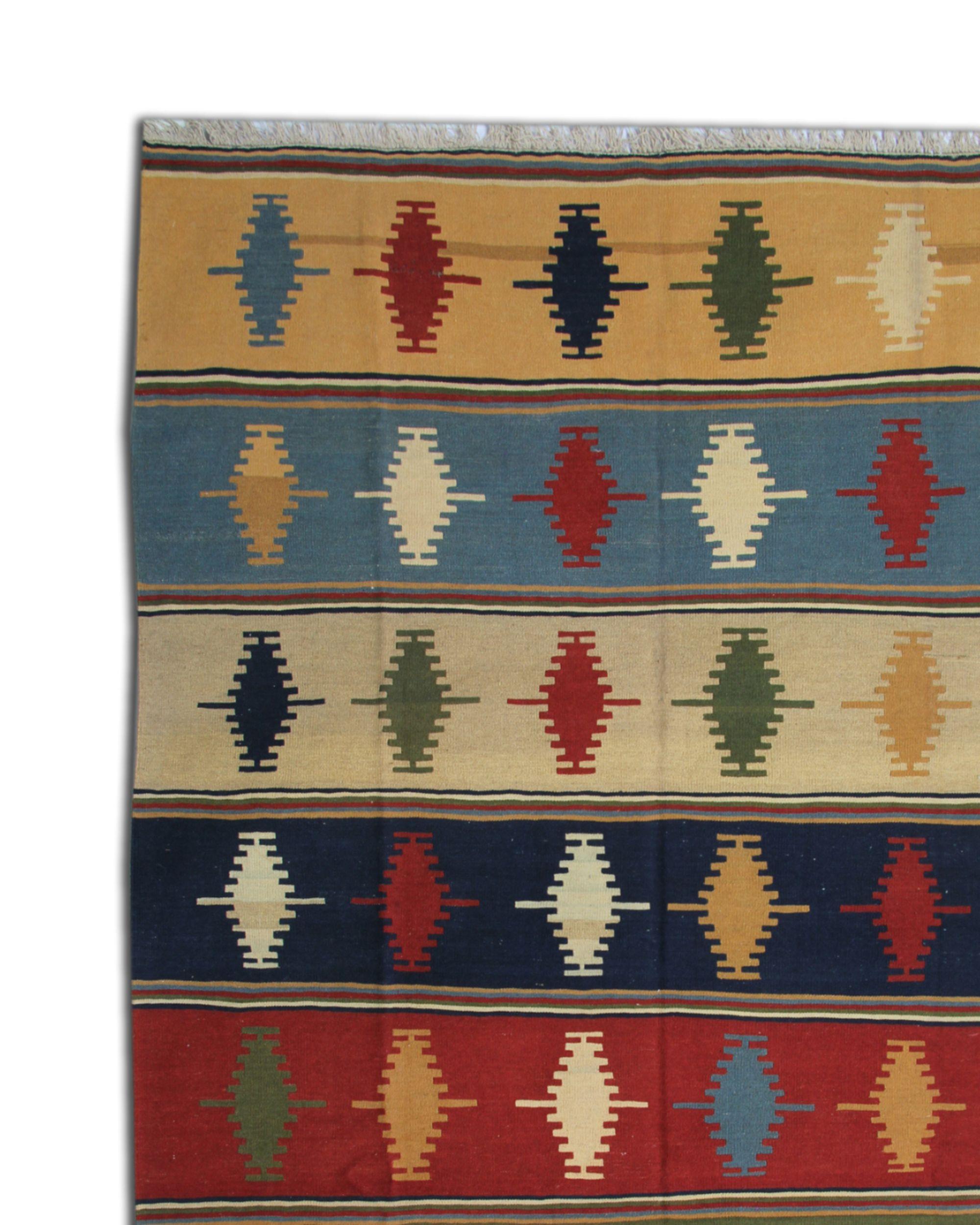 Vintage 1970s Qashqai Wool Kilim Rug, Large Multicolour Striped Flatweave im Angebot 1