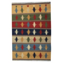 Vintage 1970s Qashqai Wool Kilim Rug, Large Multicolour Striped Flatweave