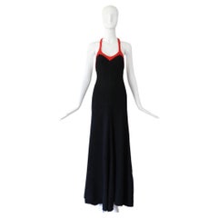 Vintage 1970's Quorum Maxi Dress Negro y Rojo Sheridan Barnett Vestido US 8 UK 12