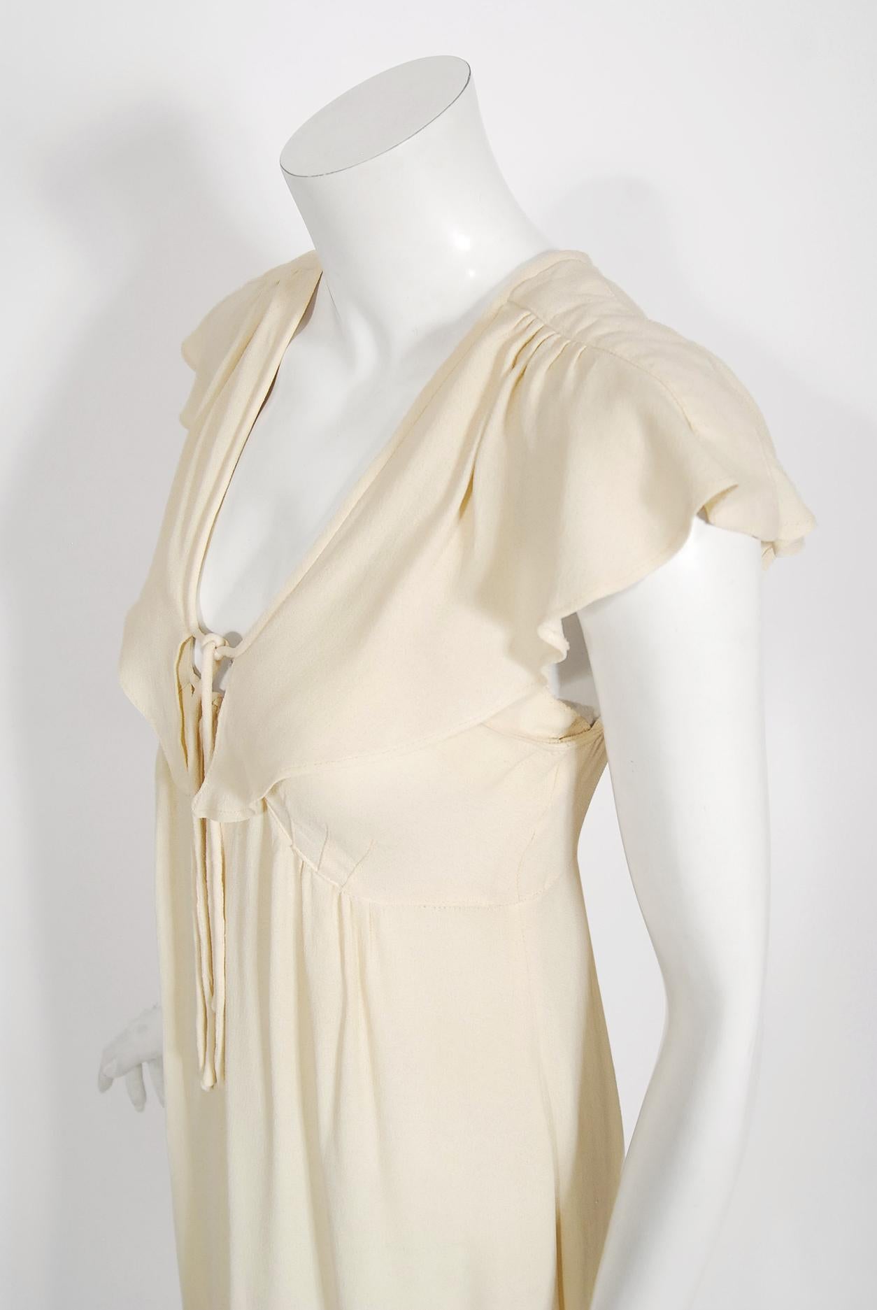 Women's or Men's Vintage 1970's Radley of London Ivory Crepe Low-Plunge Flutter Capelet Tea Dress