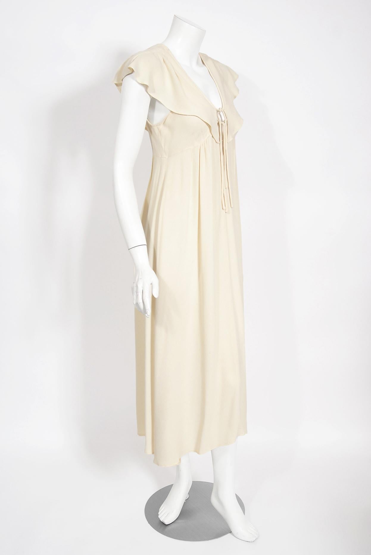 Vintage 1970's Radley of London Ivory Crepe Low-Plunge Flutter Capelet Tea Dress 4