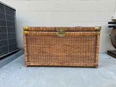 Vintage 1970's Rattan And Brass Chinoiserie Storage Trunk