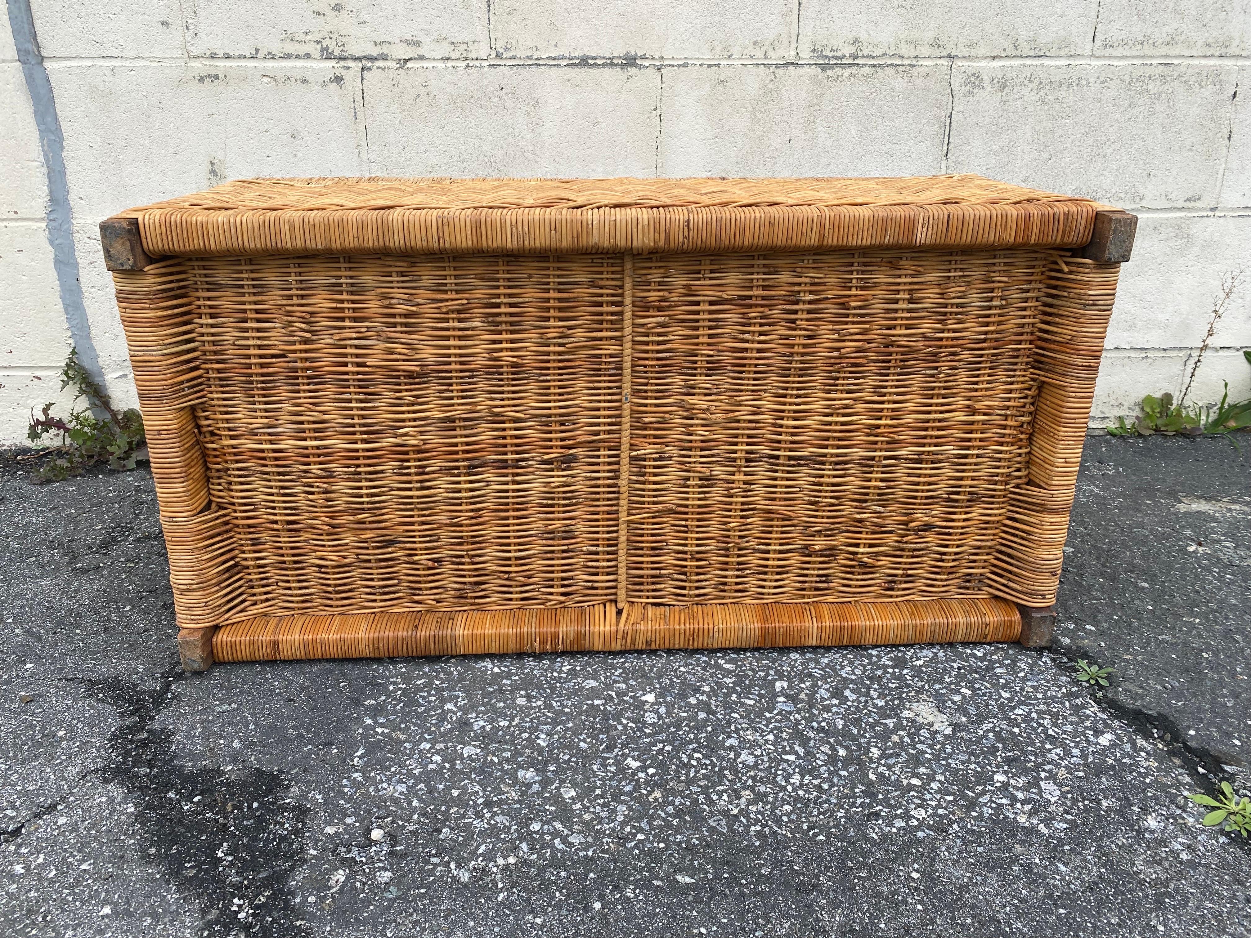 Unknown Vintage 1970s Rattan and Brass Chinoiserie Trunk 