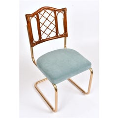 Vintage 1970s Rattan and Gold Dining Chairs with Blue Velvet Seats