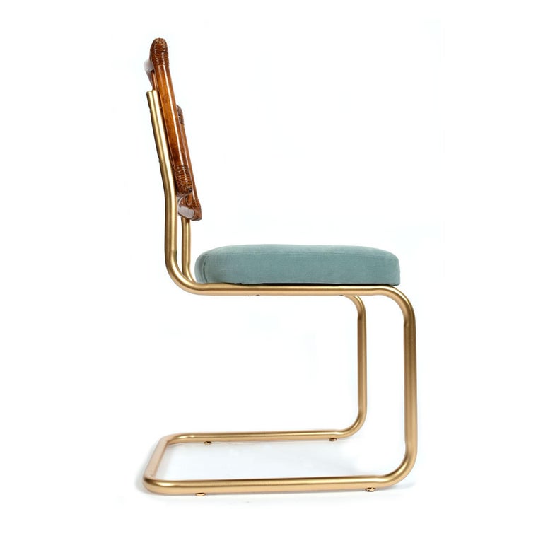 Vintage 1970s Rattan and Gold Dining Chairs with Blue Velvet Seats at ...