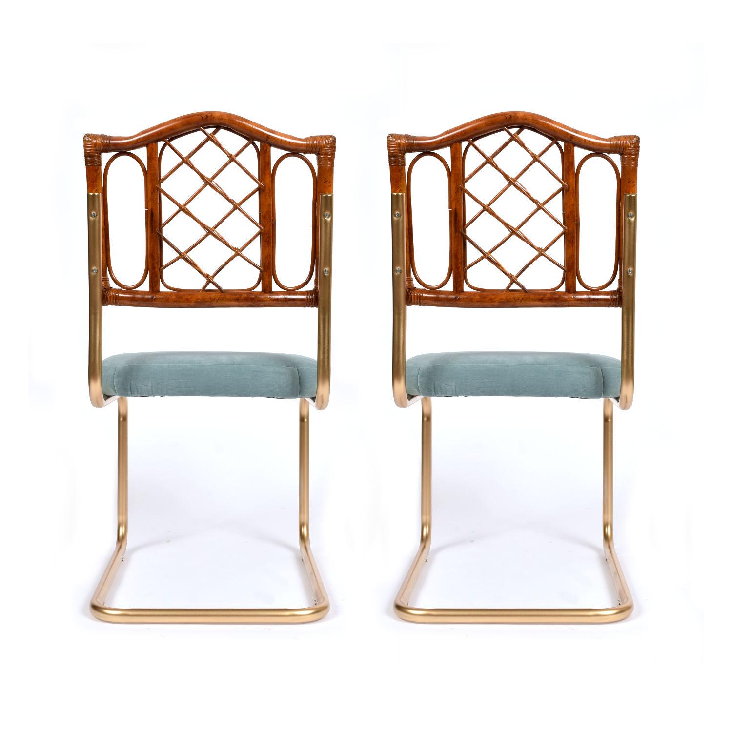 American Vintage 1970s Rattan and Gold Dining Chairs with Blue Velvet Seats