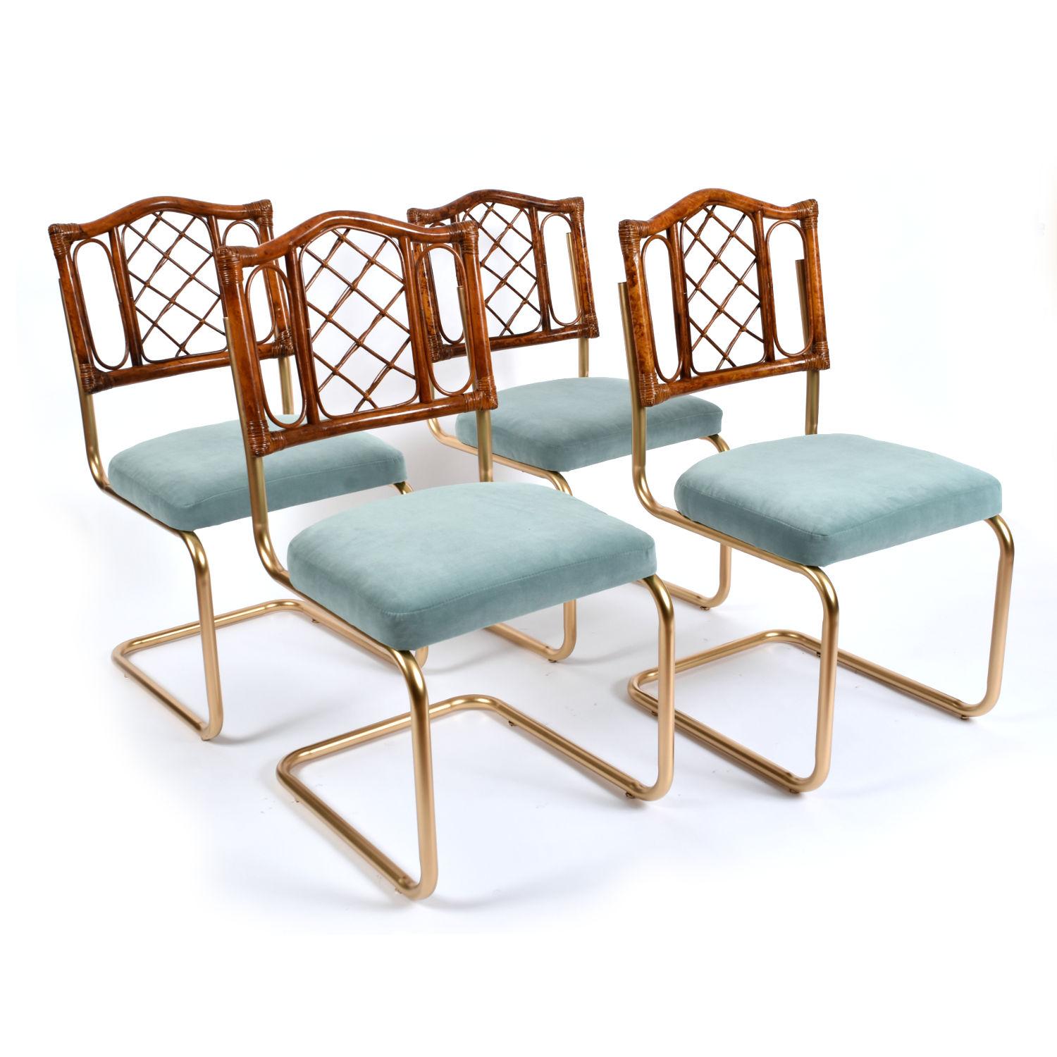 Late 20th Century Vintage 1970s Rattan and Gold Dining Chairs with Blue Velvet Seats
