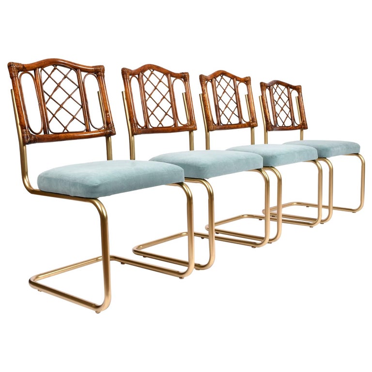 Vintage 1970s Rattan and Gold Dining Chairs with Blue Velvet Seats at ...