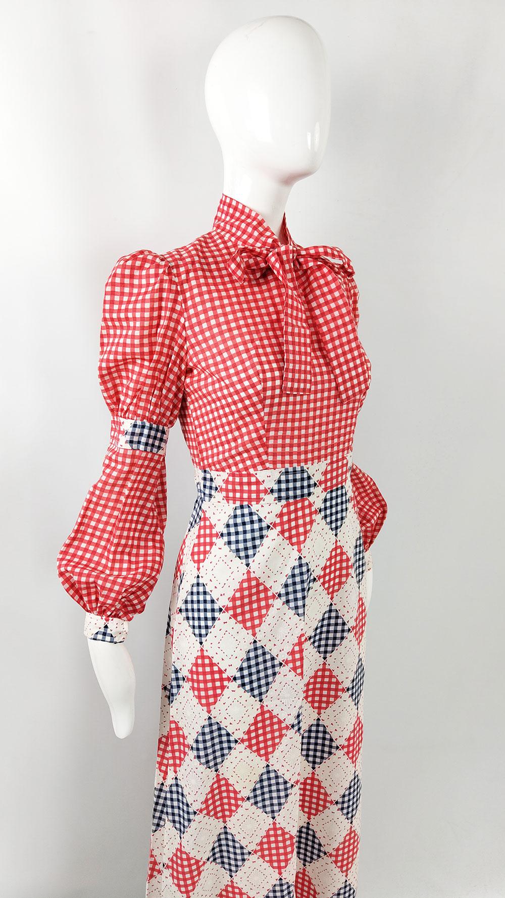 Vintage 1970s Red Gingham Check Pussybow Puffed Bishop Sleeve Maxi Dress In Fair Condition For Sale In Doncaster, South Yorkshire