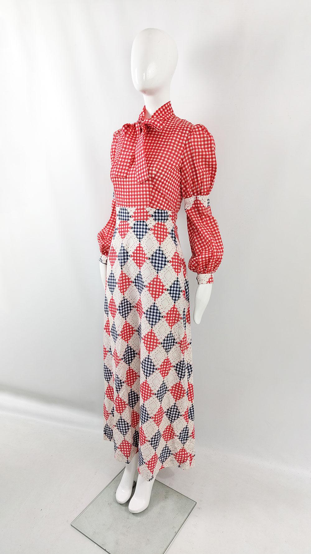 Women's Vintage 1970s Red Gingham Check Pussybow Puffed Bishop Sleeve Maxi Dress For Sale