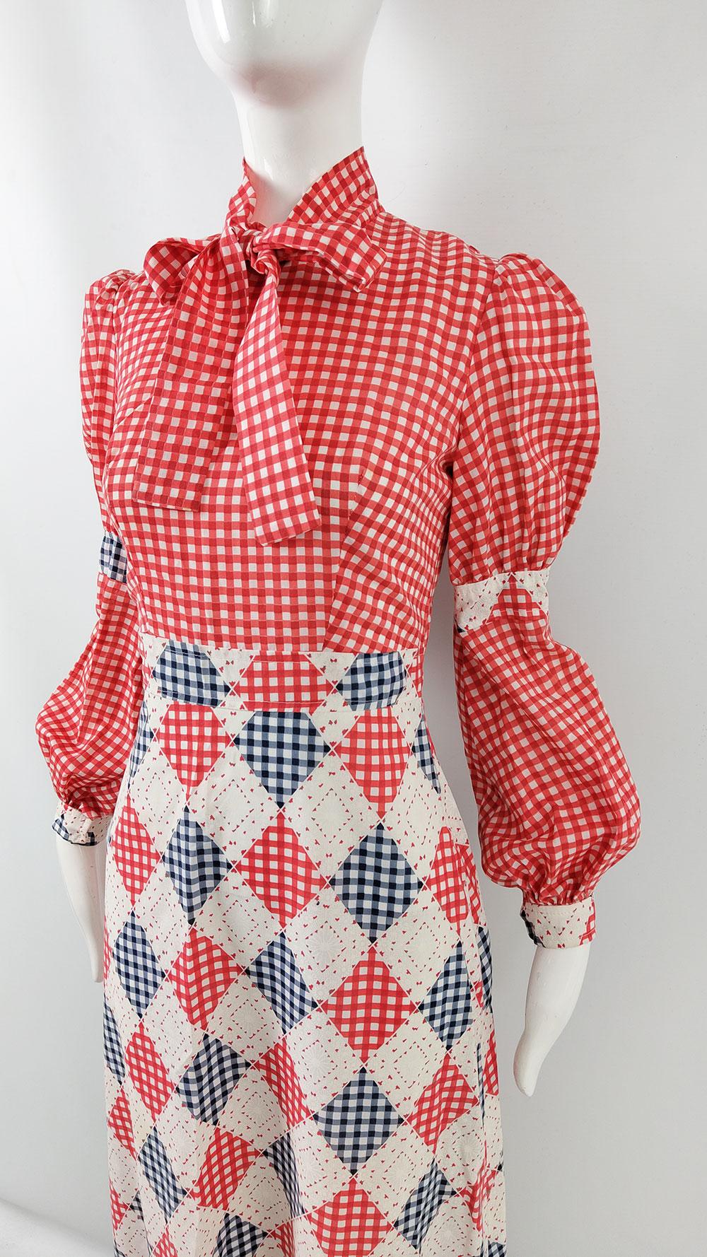 Vintage 1970s Red Gingham Check Pussybow Puffed Bishop Sleeve Maxi Dress For Sale 1