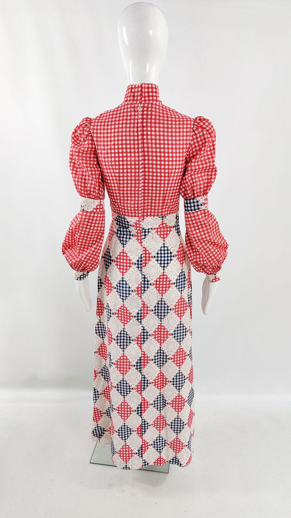 Vintage 1970s Red Gingham Check Pussybow Puffed Bishop Sleeve Maxi Dress For Sale 2
