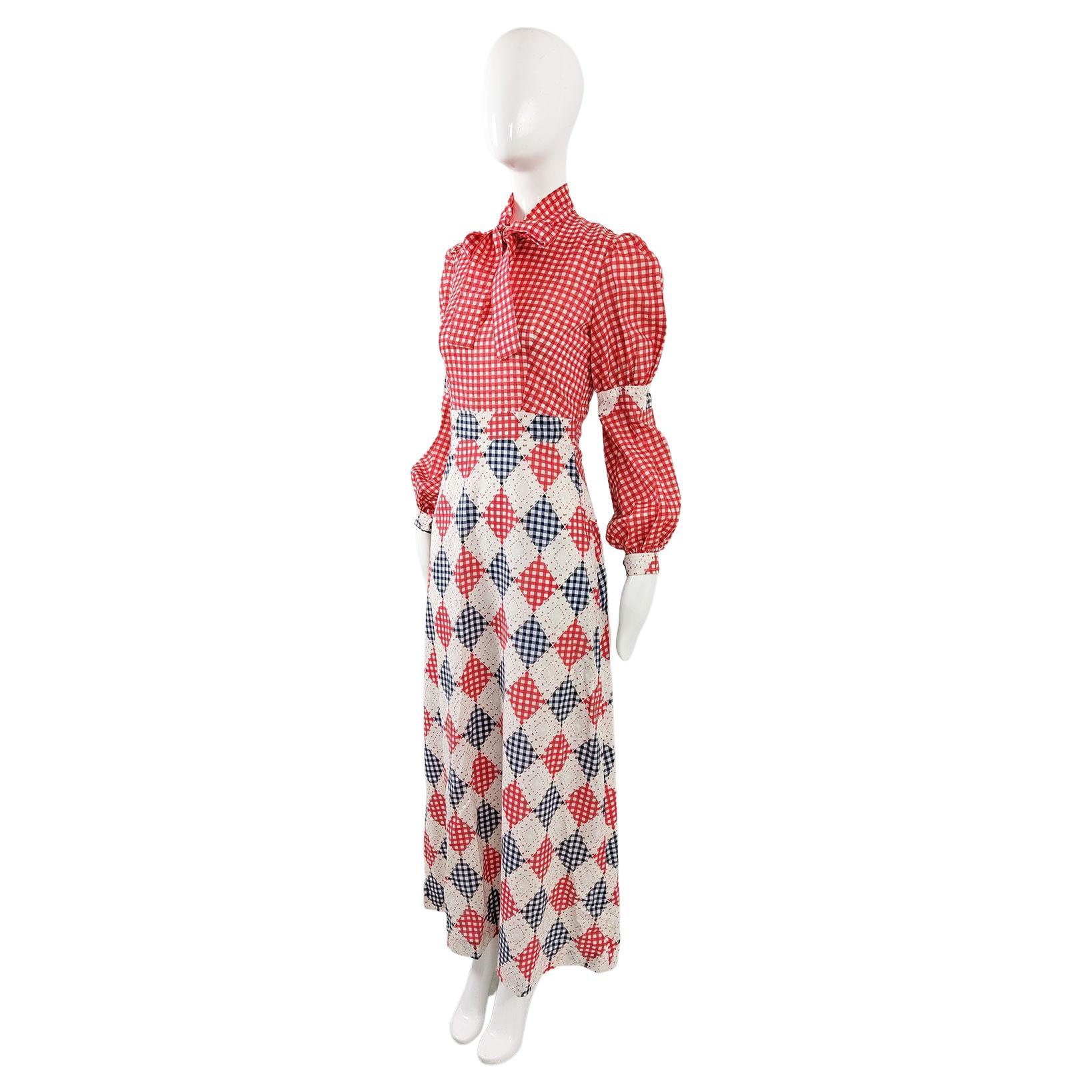 Vintage 1970s Red Gingham Check Pussybow Puffed Bishop Sleeve Maxi Dress For Sale