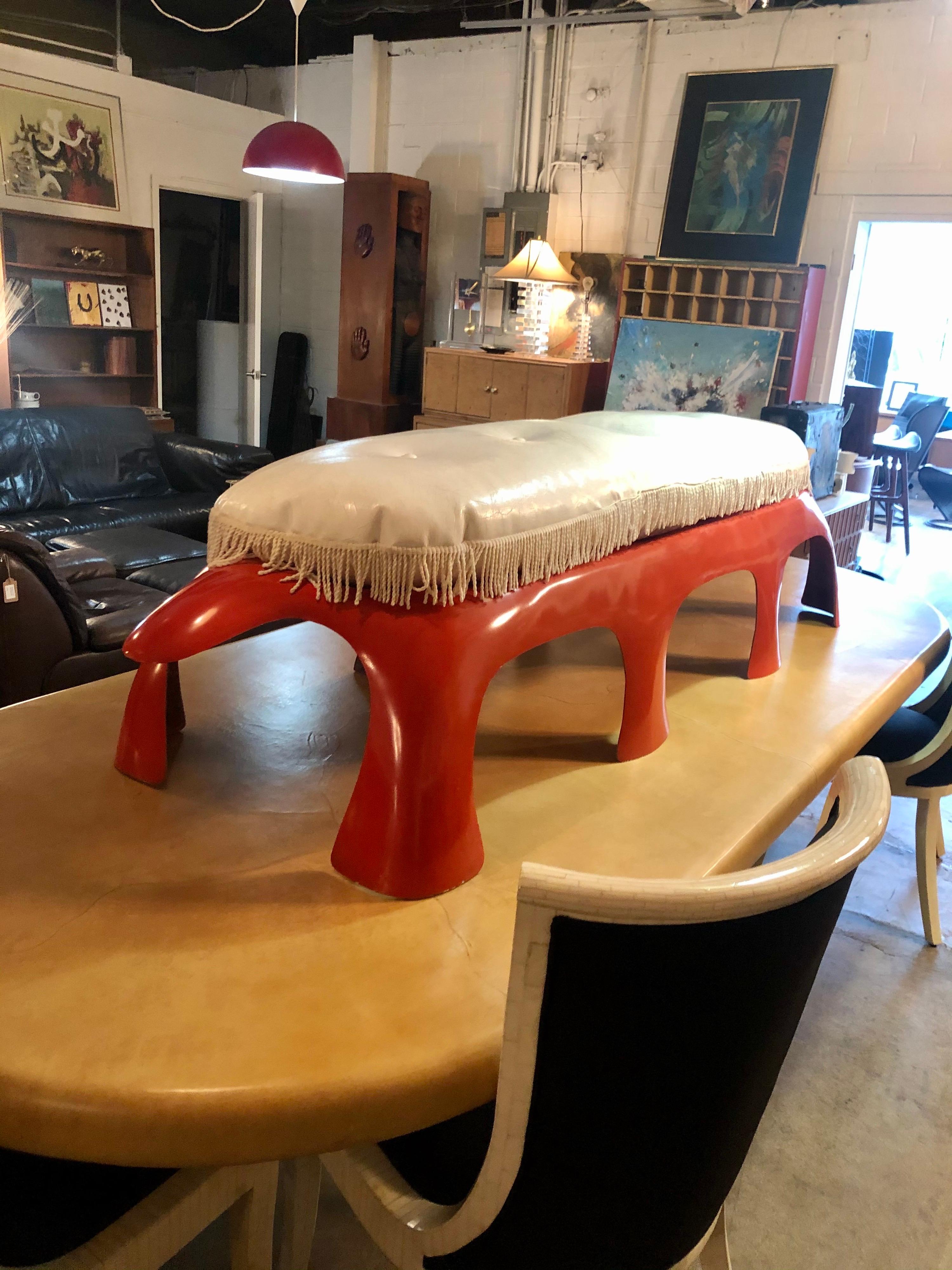 Vintage 1970s Red Orange Fiberglass Aardvark Bench/Table w/ White Vinyl Cushion  5