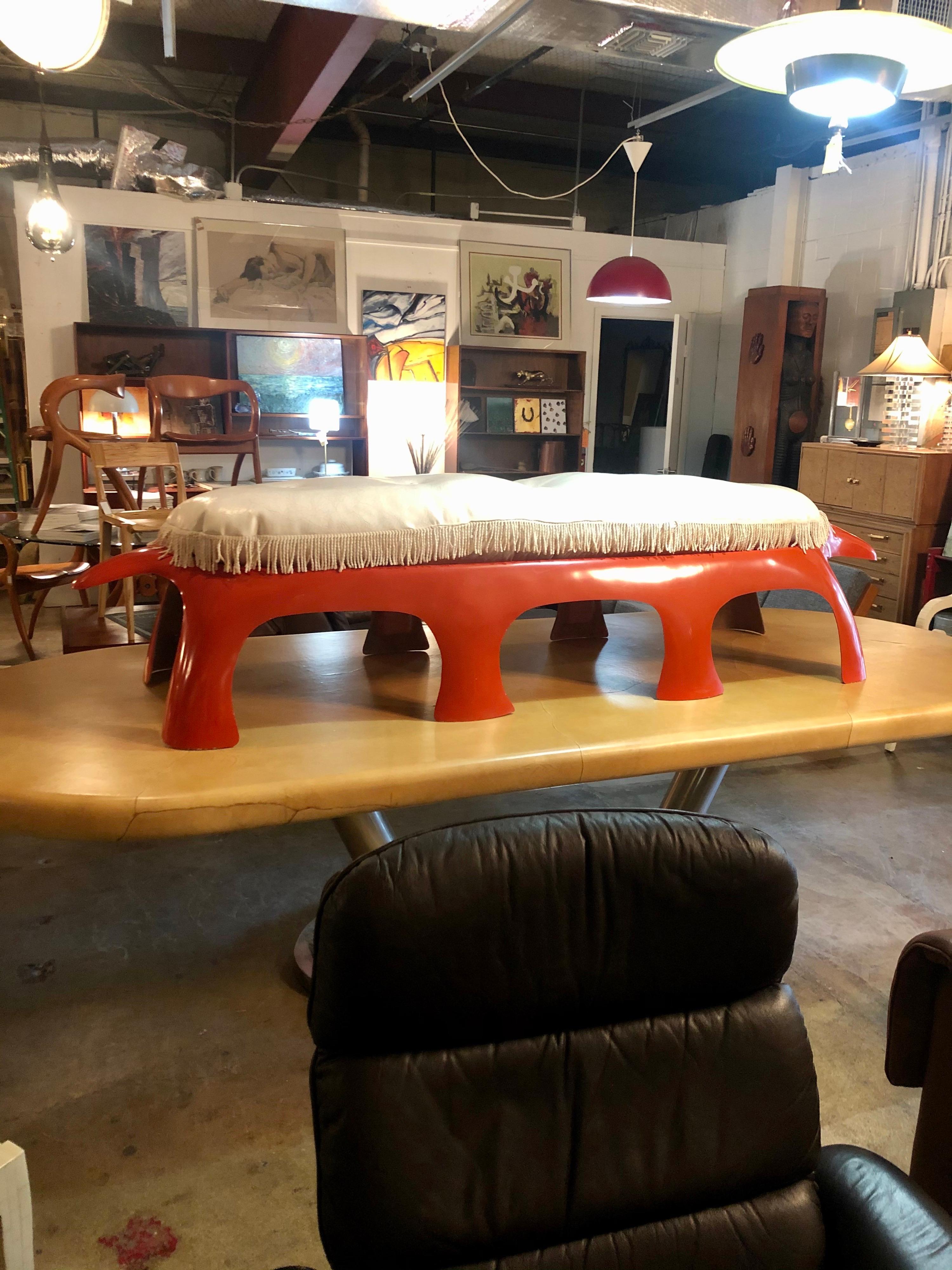 Vintage 1970s Red Orange Fiberglass Aardvark Bench/Table w/ White Vinyl Cushion  6