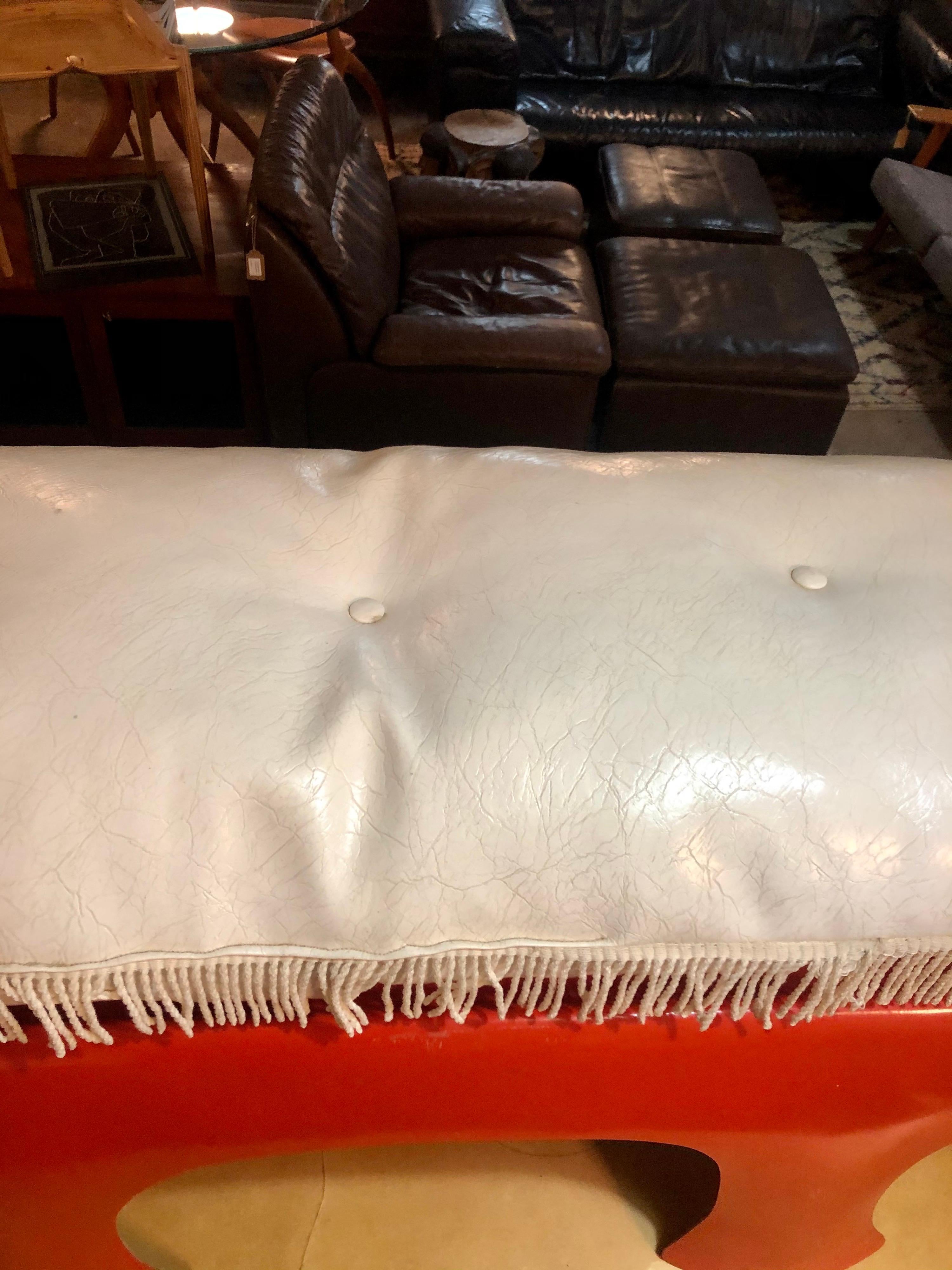 Vintage 1970s Red Orange Fiberglass Aardvark Bench/Table w/ White Vinyl Cushion  10